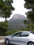 Sierra Espuna, the highest peak in the park, reached by a narrow windy road.  Some other views follow in the next few photos.  Also that's the car we hired, a Peuguot 407.