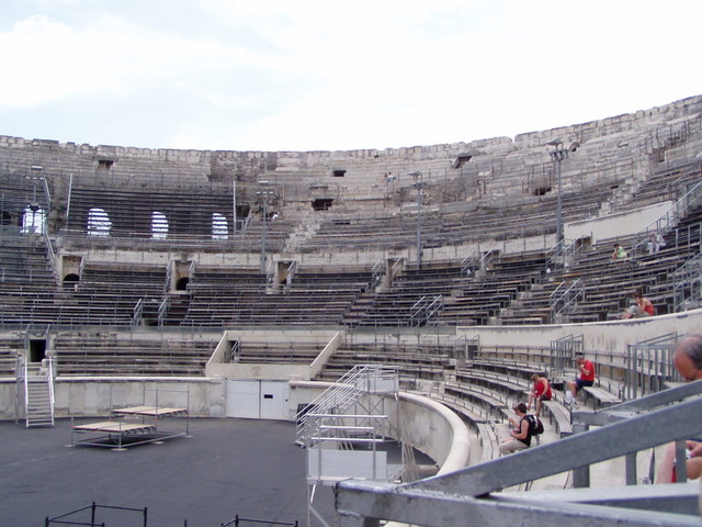 The interior of the arena at Nimes from the lower level, ring-side seating.