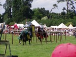 A Joust for real...  very courageous sportsmen and horses!  The lances have a softer wood end section today, but a piece of one landed not far from Karen at the edge of the arena about 30 feet away.